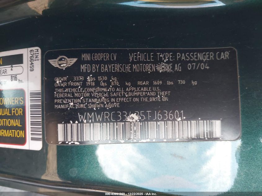 2005 Mini Cooper VIN: WMWRC33435TJ63601 Lot: 43991969