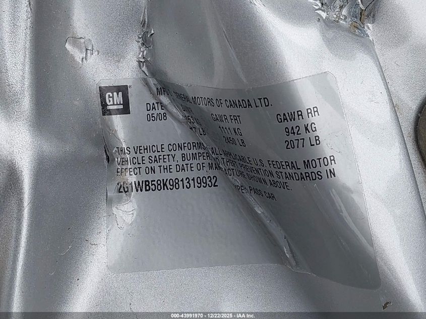 2008 Chevrolet Impala Ls VIN: 2G1WB58K981319932 Lot: 43991970