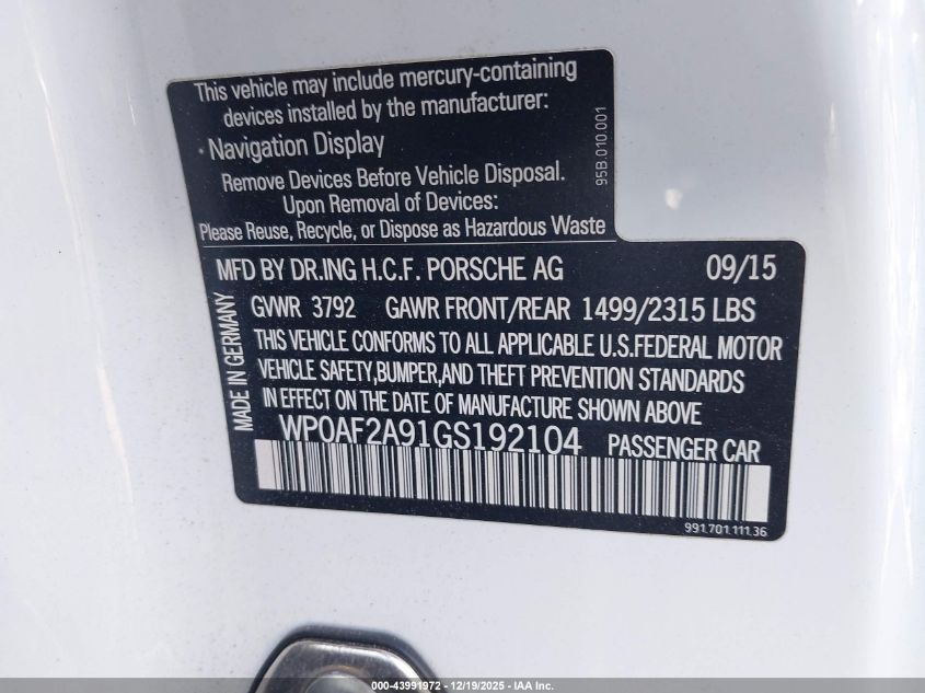 2016 Porsche 911 Gt3 Rs/R VIN: WP0AF2A91GS192104 Lot: 43991972