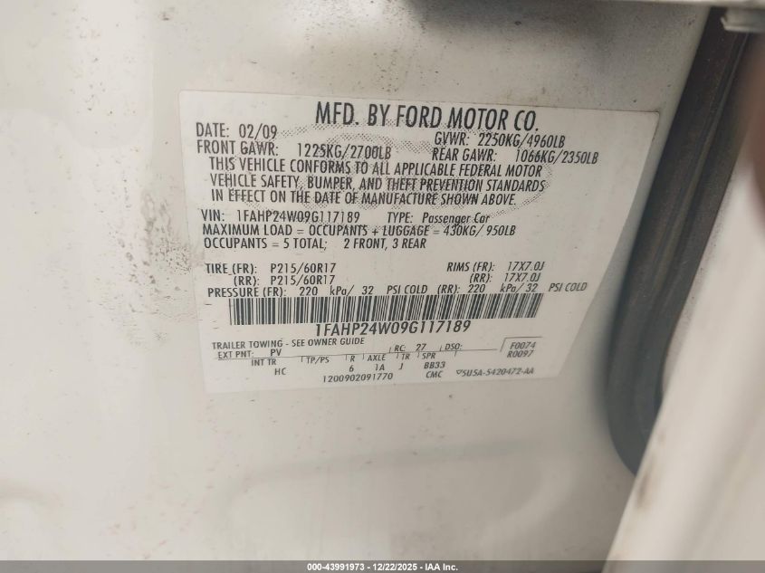 2009 Ford Taurus Sel VIN: 1FAHP24W09G117189 Lot: 43991973