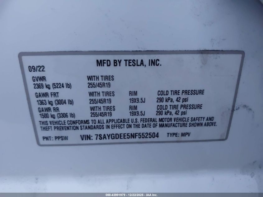 2022 Tesla Model Y Long Range Dual Motor All-Wheel Drive VIN: 7SAYGDEE5NF552504 Lot: 43991979