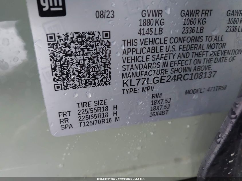 2024 Chevrolet Trax Fwd 1Rs VIN: KL77LGE24RC108137 Lot: 43991982