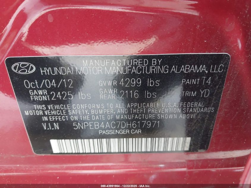 2013 Hyundai Sonata Gls VIN: 5NPEB4AC7DH617971 Lot: 43991984