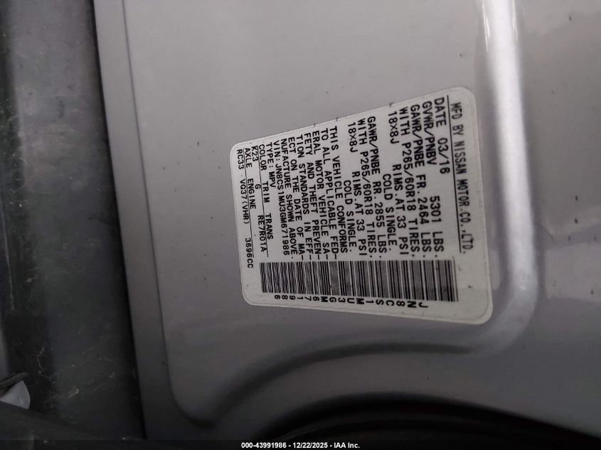 2016 Infiniti Qx70 VIN: JN8CS1MU3GM671986 Lot: 43991986