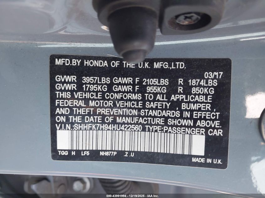 2017 Honda Civic Sport Touring VIN: SHHFK7H94HU422560 Lot: 43991994