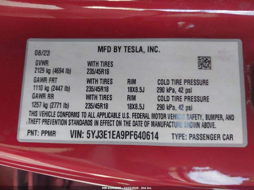 2023 Tesla Model 3 Rear-Wheel Drive VIN: 5YJ3E1EA9PF640614 Lot: 43992000