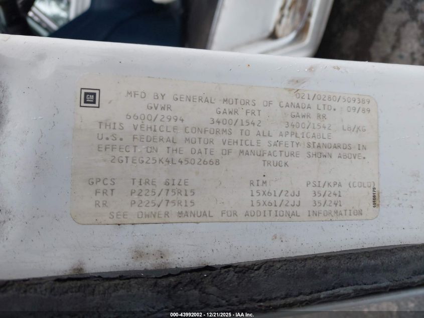 1990 GMC Vandura G2500 VIN: 2GTEG25K4L4502668 Lot: 43992002