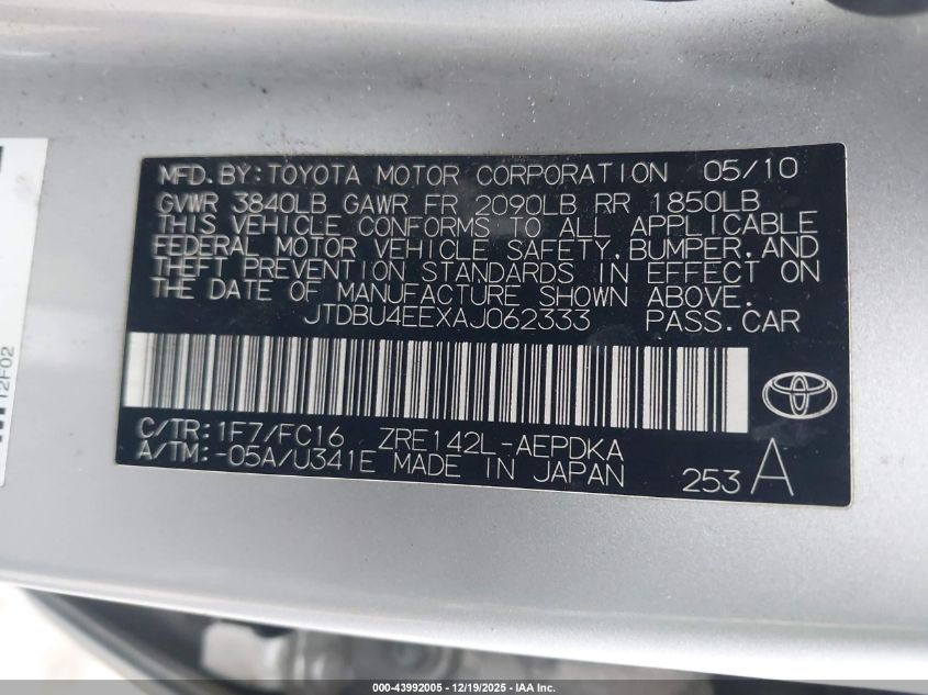 2010 Toyota Corolla Le VIN: JTDBU4EEXAJ062333 Lot: 43992005