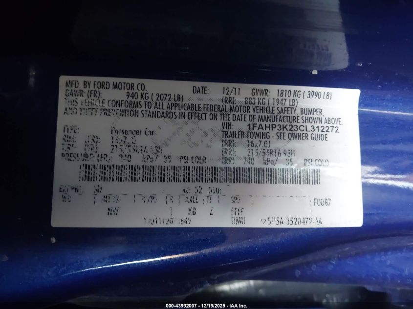 2012 Ford Focus Se VIN: 1FAHP3K23CL312272 Lot: 43992007