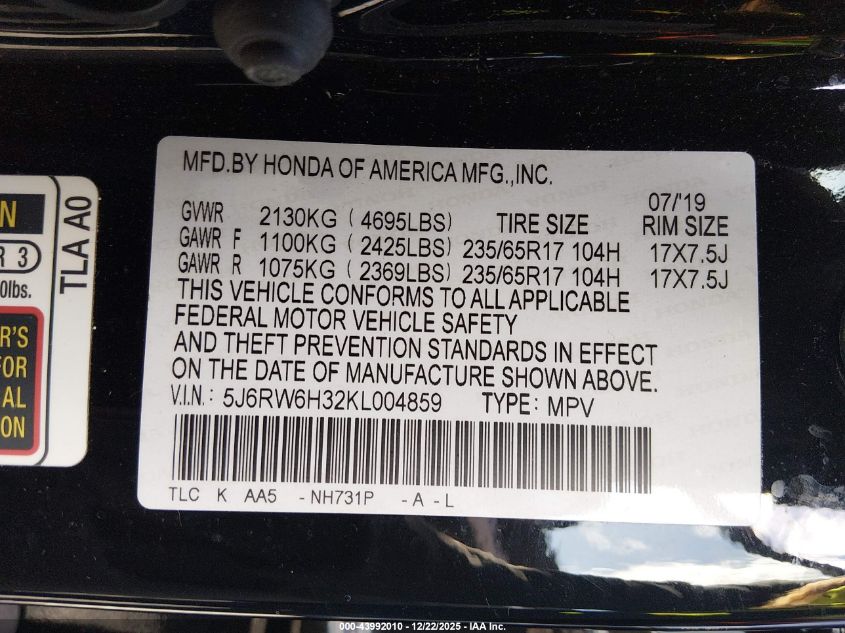 2019 Honda Cr-V Lx VIN: 5J6RW6H32KL004859 Lot: 43992010