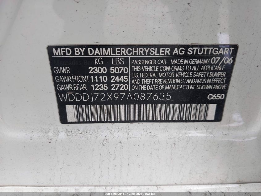 2007 Mercedes-Benz Cls 550 VIN: WDDDJ72X97A087635 Lot: 43992014