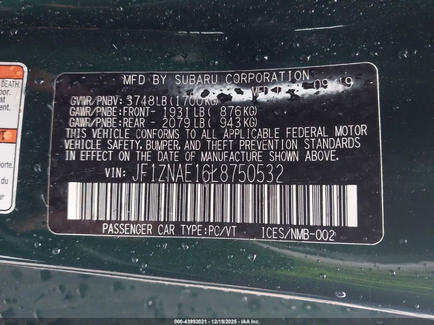 2020 Toyota 86 Hakone Edition VIN: JF1ZNAE16L8750532 Lot: 43992021