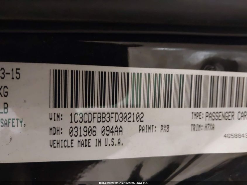 2015 Dodge Dart Sxt VIN: 1C3CDFBB3FD302102 Lot: 43992022