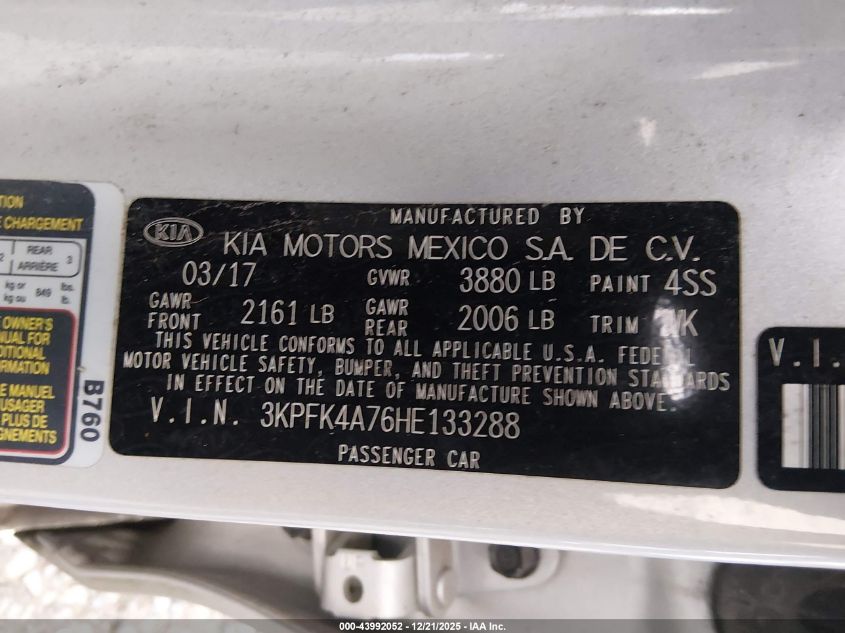 2017 Kia Forte Lx VIN: 3KPFK4A76HE133288 Lot: 43992052