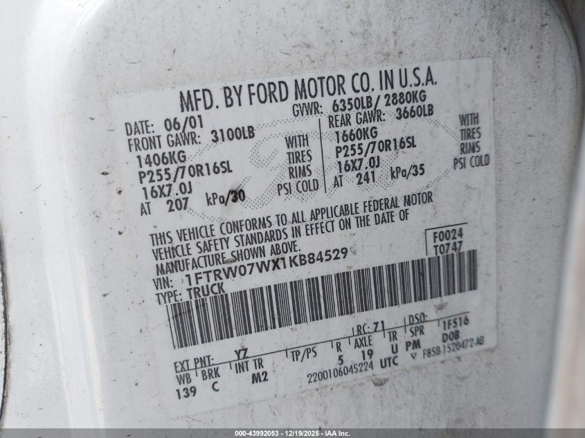 2001 Ford F-150 Harley-Davidson Edition/King Ranch Edition/Lariat/Xlt VIN: 1FTRW07WX1KB84529 Lot: 43992053