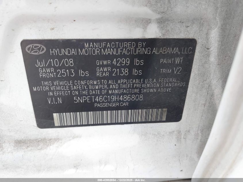 2009 Hyundai Sonata Gls VIN: 5NPET46C19H486808 Lot: 43992054