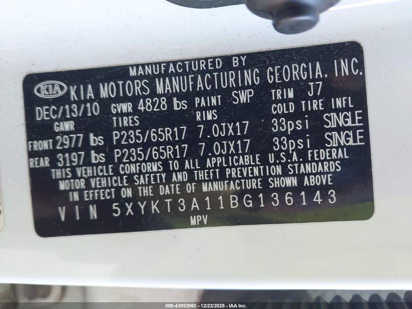 2011 Kia Sorento Lx VIN: 5XYKT3A11BG136143 Lot: 43992060
