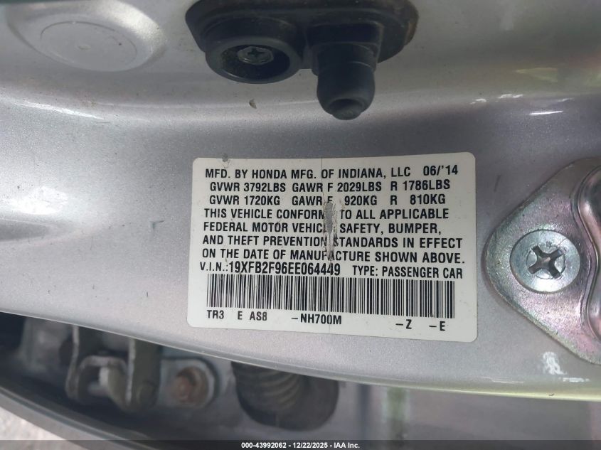 2014 Honda Civic Ex-L VIN: 19XFB2F96EE064449 Lot: 43992062