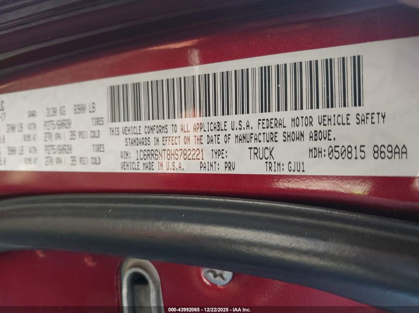 2017 Ram 1500 Laramie 4X2 5'7 Box VIN: 1C6RR6NT8HS782221 Lot: 43992065