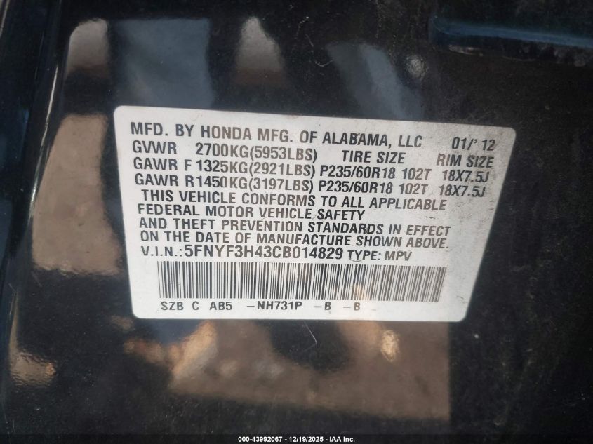 2012 Honda Pilot Ex VIN: 5FNYF3H43CB014829 Lot: 43992067
