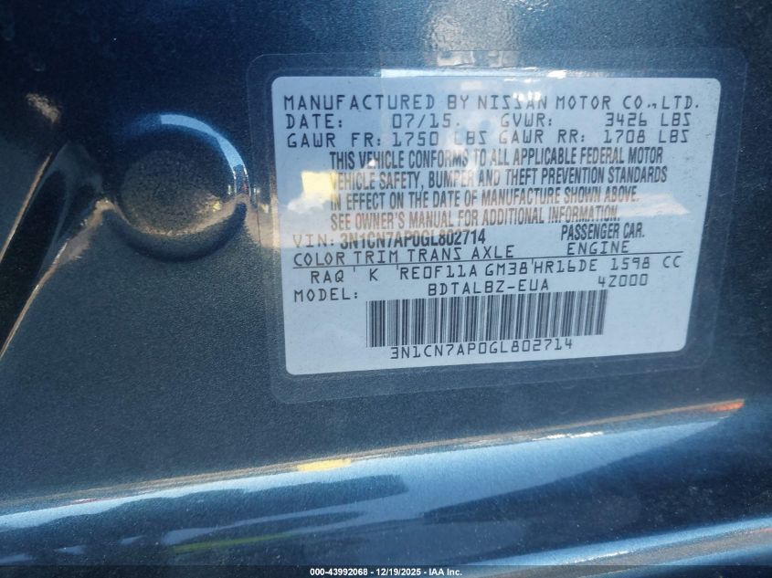 2016 Nissan Versa 1.6 S/1.6 S+/1.6 Sl/1.6 Sv VIN: 3N1CN7AP0GL802714 Lot: 43992068