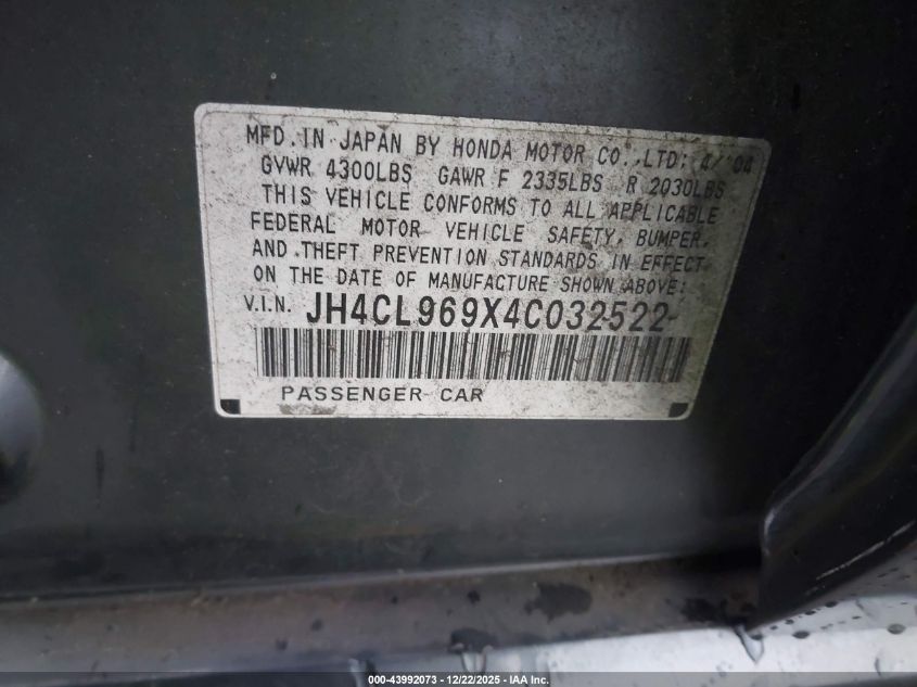 2004 Acura Tsx VIN: JH4CL969X4C032522 Lot: 43992073