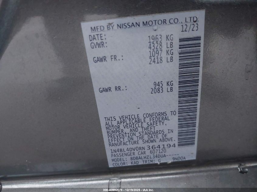 2024 Nissan Altima Sv Fwd VIN: 1N4BL4DV0RN364194 Lot: 43992078