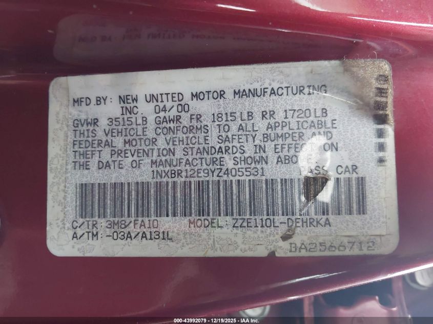 2000 Toyota Corolla Ve VIN: 1NXBR12E9YZ405531 Lot: 43992079