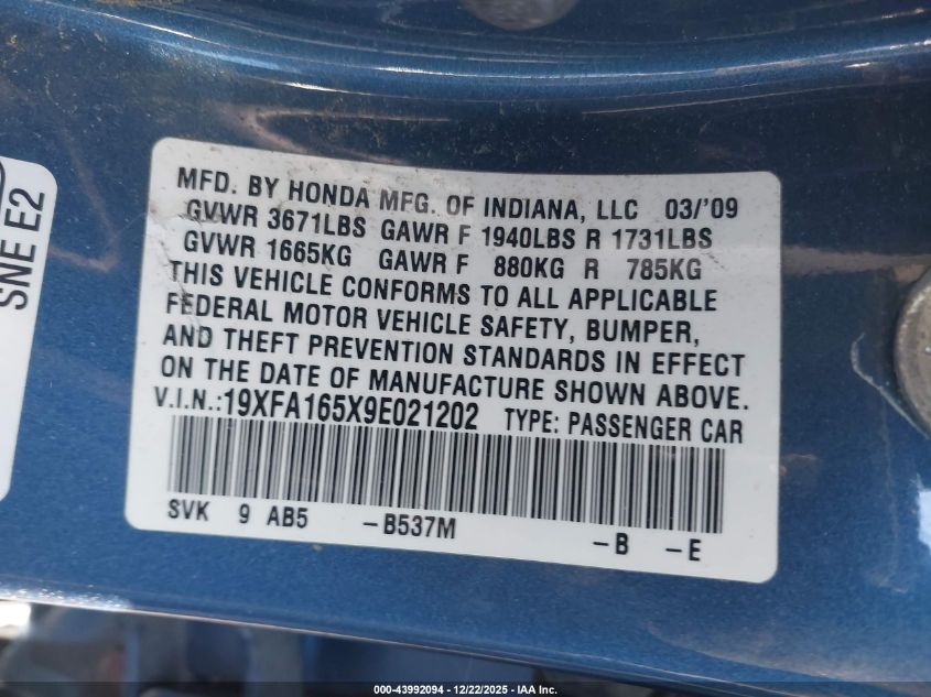 2009 Honda Civic Lx VIN: 19XFA165X9E021202 Lot: 43992094