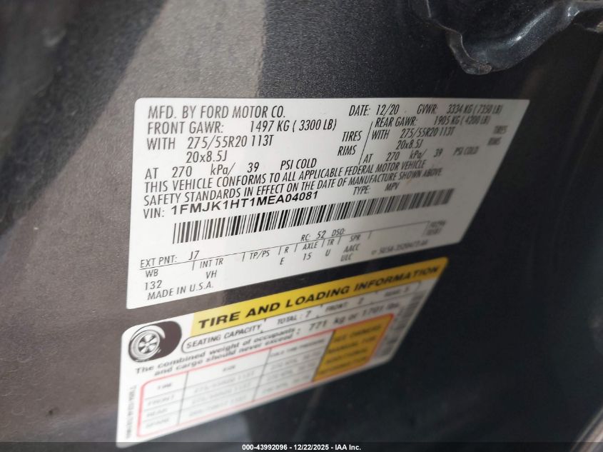 2021 Ford Expedition Xlt Max VIN: 1FMJK1HT1MEA04081 Lot: 43992096