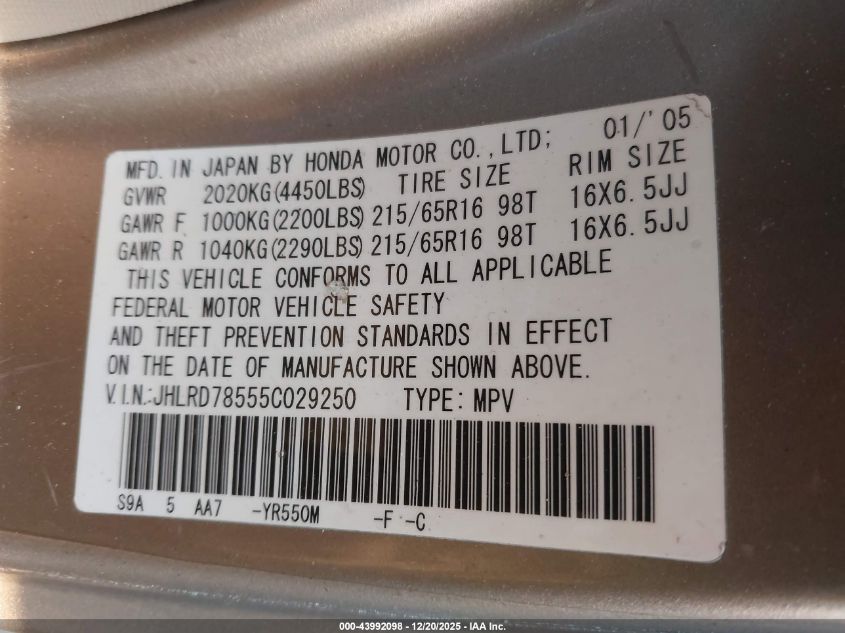 2005 Honda Cr-V Lx VIN: JHLRD78555C029250 Lot: 43992098