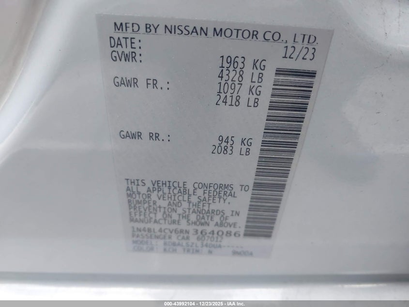 VIN 1N4BL4CV6RN364086 2024 NISSAN ALTIMA SR FWD