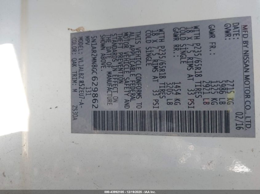 2016 Nissan Pathfinder S VIN: 5N1AR2MN8GC629862 Lot: 43992105