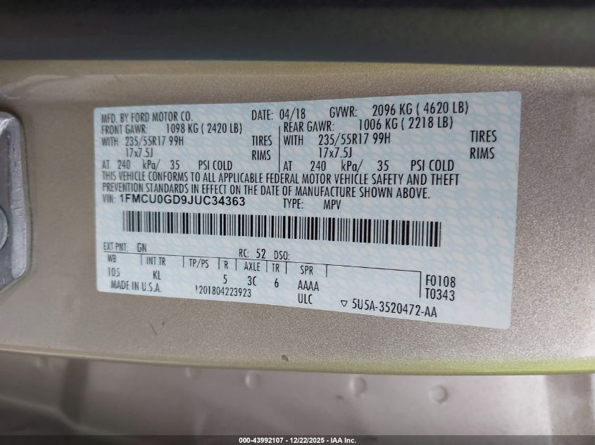 2018 Ford Escape Se VIN: 1FMCU0GD9JUC34363 Lot: 43992107