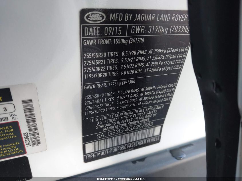 2016 Land Rover Range Rover 5.0L V8 Supercharged VIN: SALGS3EF4GA257683 Lot: 43992113