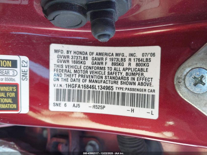 2006 Honda Civic Ex VIN: 1HGFA16846L134965 Lot: 43992117