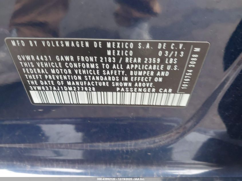 2013 Volkswagen Jetta Hybrid Sel VIN: 3VW637AJ1DM277628 Lot: 43992120