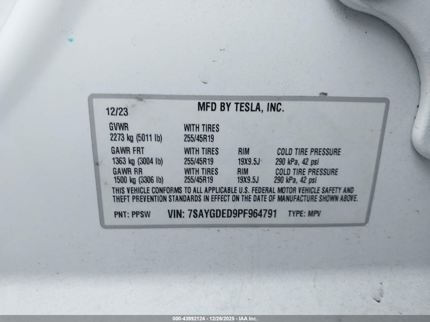 VIN 7SAYGDED9PF964791 2023 TESLA MODEL Y RWD