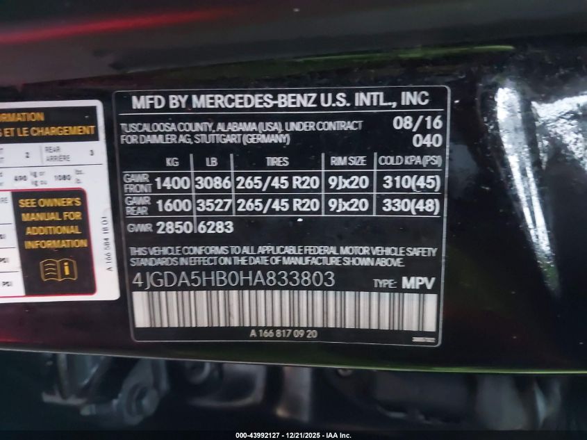 2017 Mercedes-Benz Gle 350 4Matic VIN: 4JGDA5HB0HA833803 Lot: 43992127