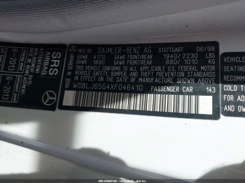 1999 Mercedes-Benz Clk 320 VIN: WDBLJ65G4XF046410 Lot: 43992129