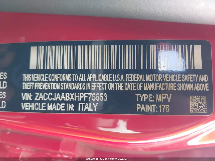 2017 Jeep Renegade Sport Fwd VIN: ZACCJAABXHPF76653 Lot: 43992134