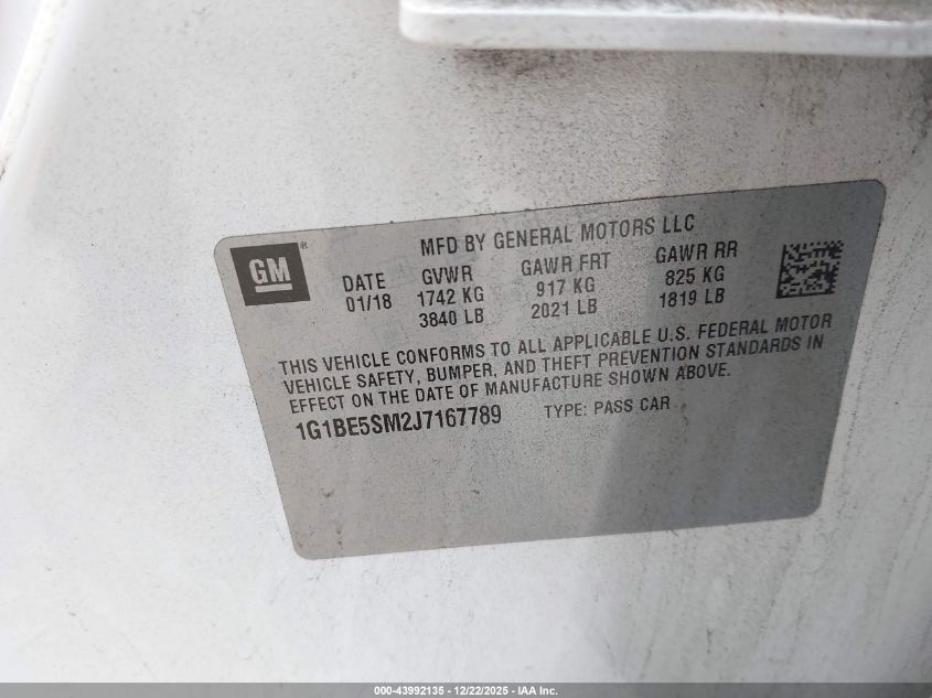 2018 Chevrolet Cruze Lt Auto VIN: 1G1BE5SM2J7167789 Lot: 43992135