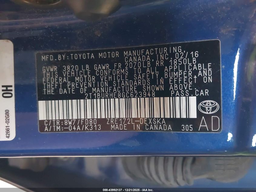 2016 Toyota Corolla S Plus VIN: 2T1BURHE8GC623948 Lot: 43992137