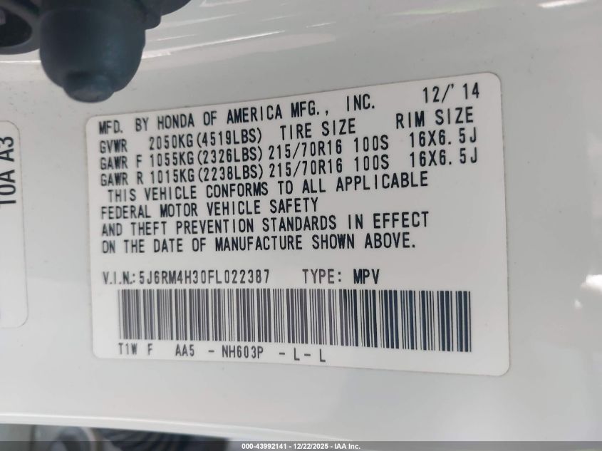 2015 Honda Cr-V Lx VIN: 5J6RM4H30FL022387 Lot: 43992141