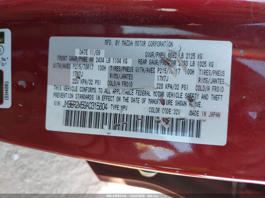 2010 Mazda Cx-7 I Sv VIN: JM3ER2W59A0315804 Lot: 43992145