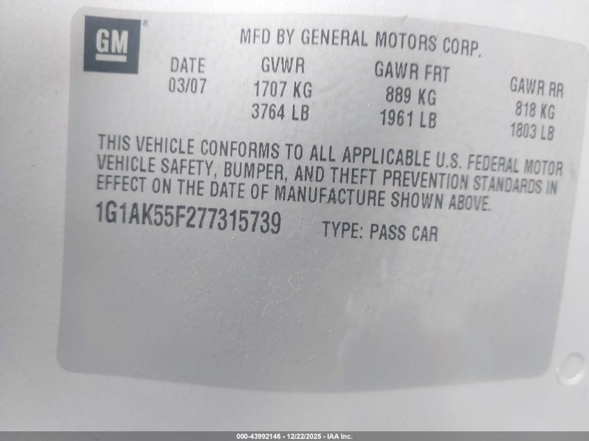 2007 Chevrolet Cobalt Ls VIN: 1G1AK55F277315739 Lot: 43992146