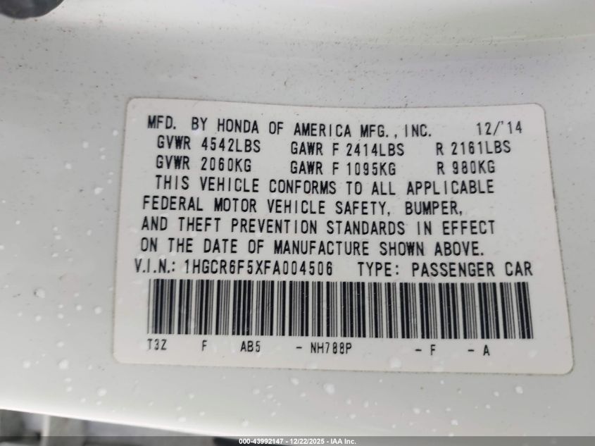 2015 Honda Accord Hybrid Ex-L VIN: 1HGCR6F5XFA004506 Lot: 43992147