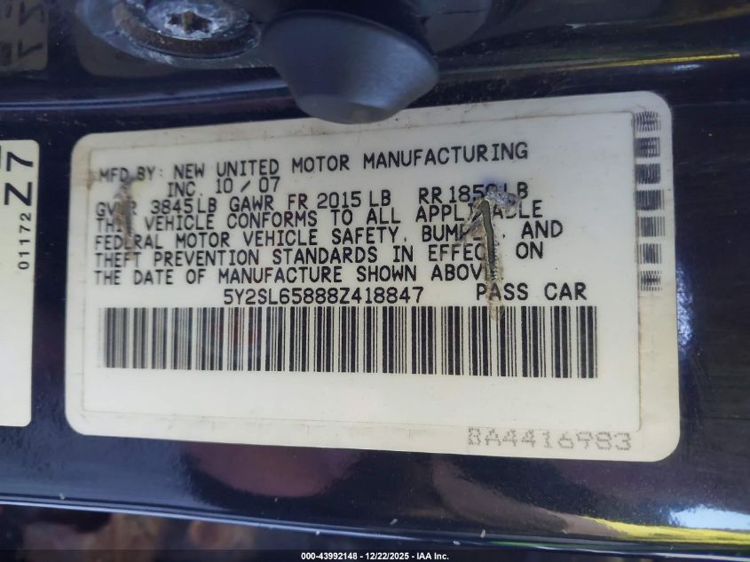 2008 Pontiac Vibe VIN: 5Y2SL65888Z418847 Lot: 43992148