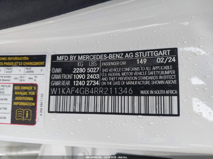 2024 Mercedes-Benz C 300 VIN: W1KAF4GB4RR211346 Lot: 43992155