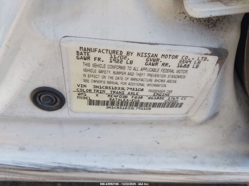 2003 Nissan Sentra Gxe VIN: 3N1CB51D33L795108 Lot: 43992156